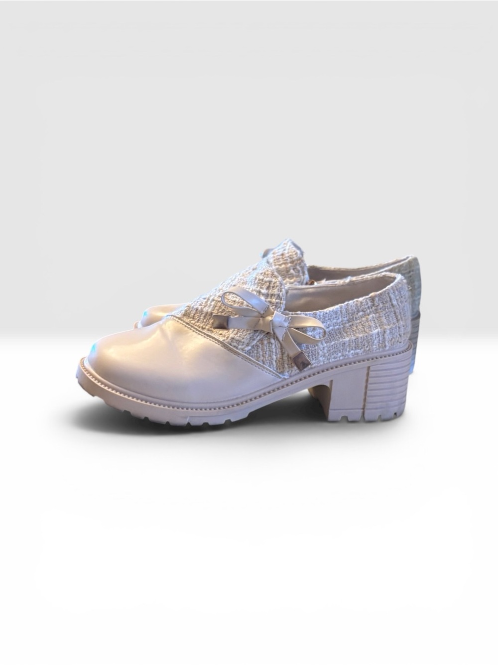 Textured Tweed Loafers With Low Block Heel - Beige